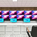 Modern Security Monitoring Room Interior With Control Console And Multiple Surveillance Screens