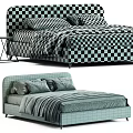 Modern Upholstered Double Bed With Striped Sheets Decorative Pillows And Side Table 3d model