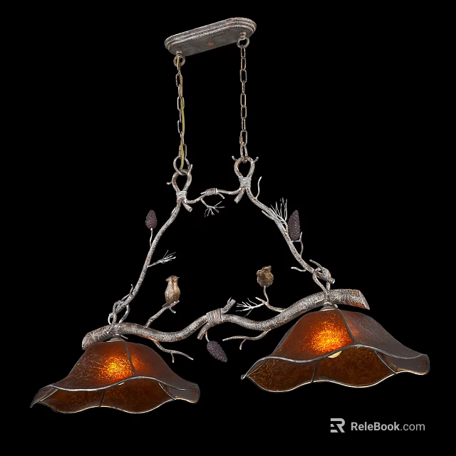 Rustic Branch Style Chandelier With Bird Decorations Pinecones And Copper Shades 3d model 