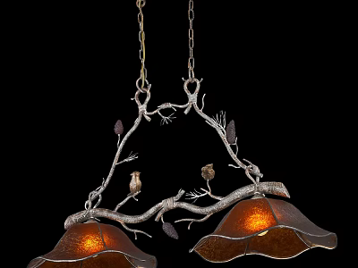 Rustic Branch Style Chandelier With Bird Decorations Pinecones And Copper Shades 3d model