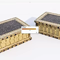 Ornate Golden Architectural Components With Carved Figures Dark Top Panels And Black Decorative Dots