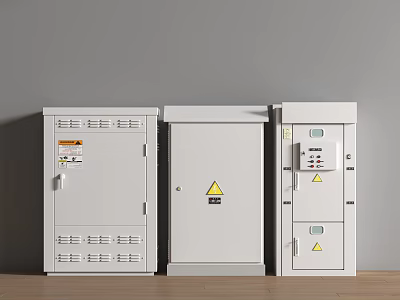 White Electrical Control Cabinets With Warning Signs Ventilation Holes Indicators Against Gray Wall Wooden Floor 3d model