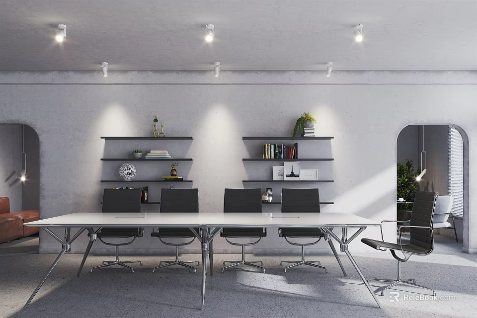 Modern Public Office Area Featuring Long Table Black Chairs Wall Shelves And Ceiling Spotlights 3d model 