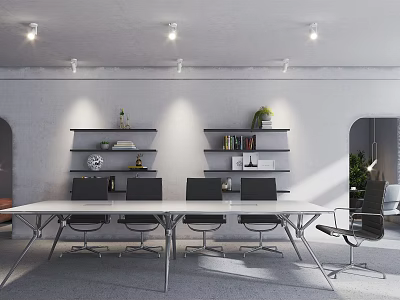Modern Public Office Area Featuring Long Table Black Chairs Wall Shelves And Ceiling Spotlights 3d model