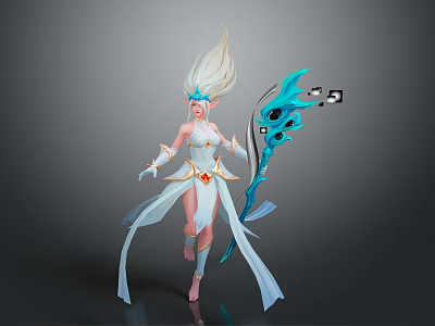 Elegant Mythical Elf Creature In Flowing White Outfit With Blue Staff And Eye Patterns 3d model