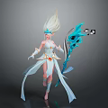 Elegant Mythical Elf Creature In Flowing White Outfit With Blue Staff And Eye Patterns