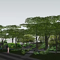 Tranquil Garden Landscape With Lush Trees Water Feature And Sunlit Pathway
