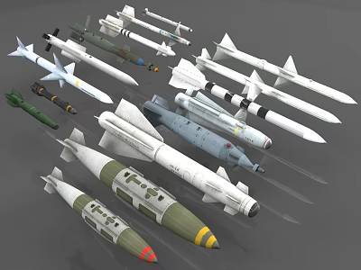 Different Types Of Military Weapons Including Missiles And Bombs With Various Colors And Shapes 3d model