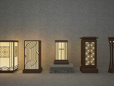 Decorative Outdoor Lights With Various Geometric Patterns Wooden Frames And Warm Glow 3d model