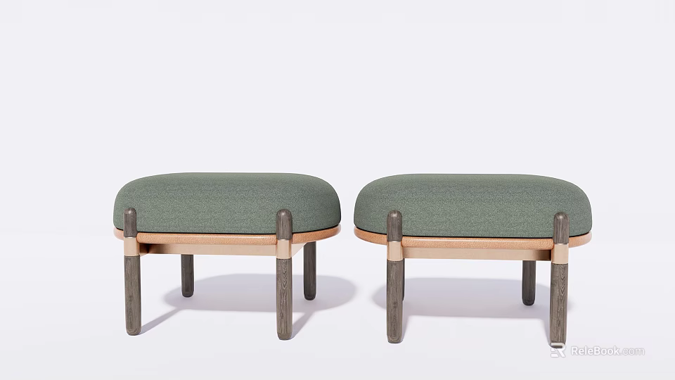 Two Modern Green Upholstered Ottoman With Wooden Frame And Dark Legs 3d model 