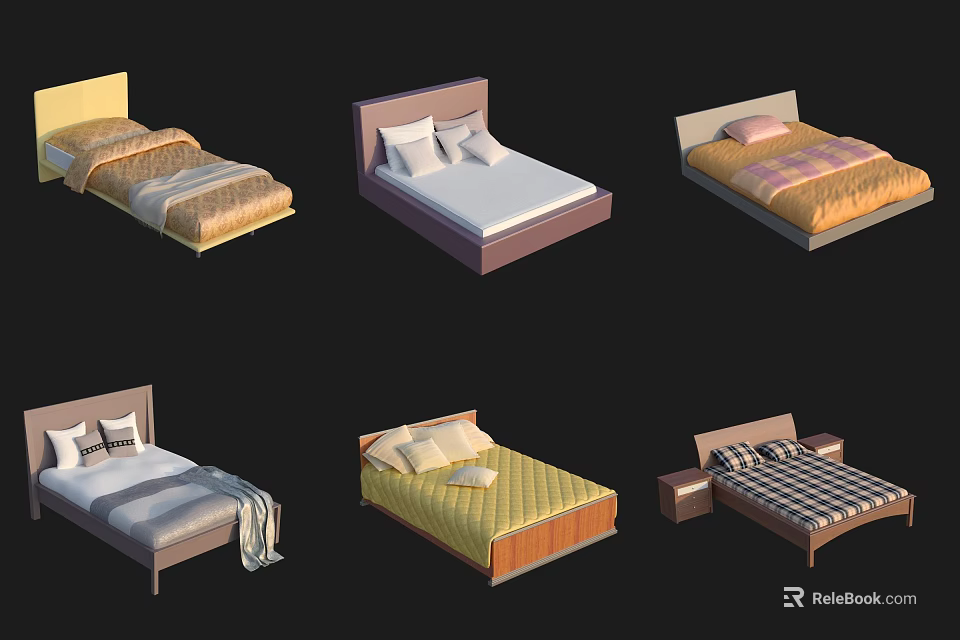 Various Double Beds Featuring Different Designs Bed Linens And Headboard Styles 3d model