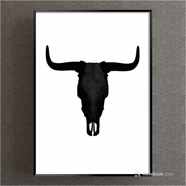 Bull Skull Silhouette Animal Art on White Background with Black Frame 3d model 