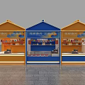 Colorful House Shaped Window Display With Yellow Blue Frames And Hanging Decorations