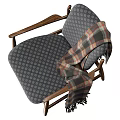 Wooden Frame Leisure Chair With Gray Geometric Pattern Cushion And Plaid Fringe Blanket