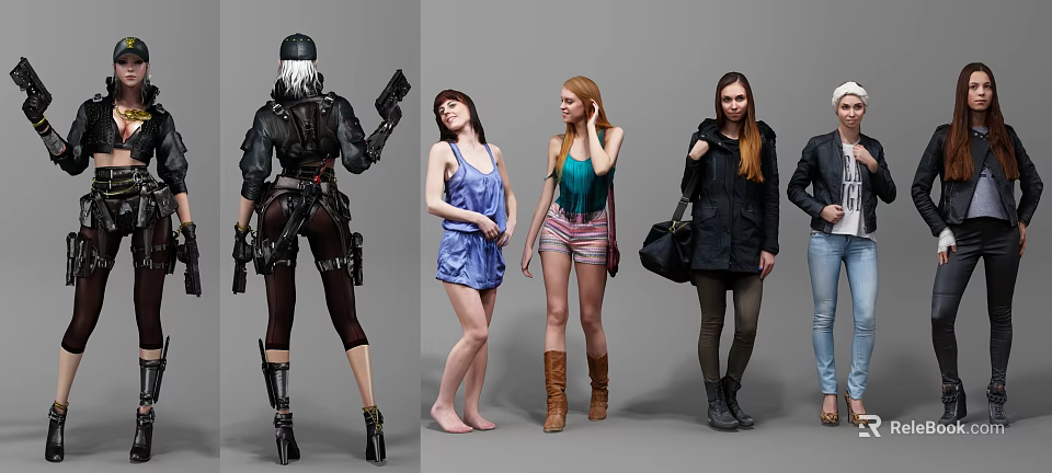 Group of People in Diverse Outfits Including Tactical Gear Casual Dresses and Fashionable Coats 3d model 