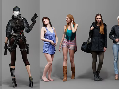 Group of People in Diverse Outfits Including Tactical Gear Casual Dresses and Fashionable Coats 3d model
