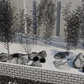 Elegant Garden Ornament With Brick Wall Small Trees And Water Feature