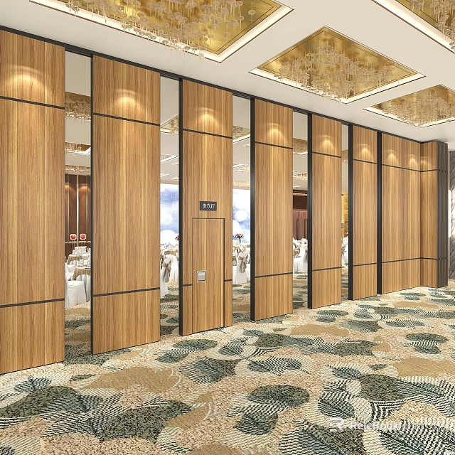 Elegant Banquet Hall Interior Design With Wooden Movable Partitions And Patterned Carpet 3d model 