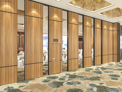 Elegant Banquet Hall Interior Design With Wooden Movable Partitions And Patterned Carpet 3d model