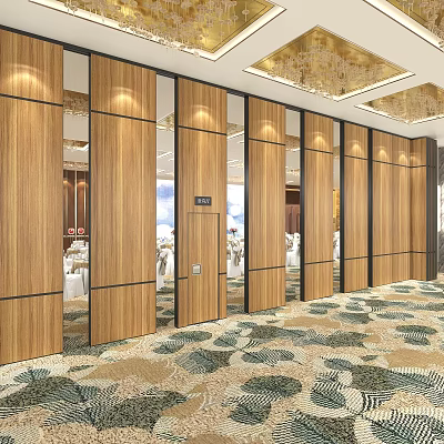 Elegant Banquet Hall Interior Design With Wooden Movable Partitions And Patterned Carpet 3d model