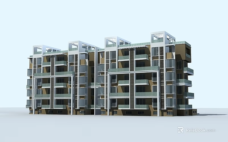 Modern Multi Story Residential Building with Glass Facades and Balconies Design 3d model 