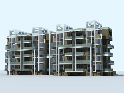 Modern Multi Story Residential Building with Glass Facades and Balconies Design 3d model
