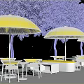 Outdoor Landscape Seating With Yellow Umbrellas Green Trees And White Tables In Leisure Area