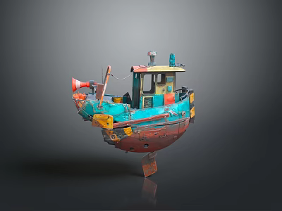 Vintage Rustic Boat With Blue Red Yellow Colors Horn And Cabin 3d model