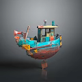 Vintage Rustic Boat With Blue Red Yellow Colors Horn And Cabin