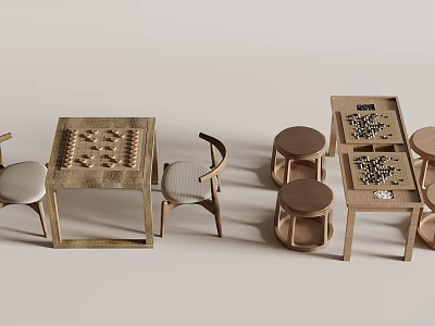 Board Game Entertainment Wooden Table And Chair Setup With Chessboard And Stools For Leisure Play 3d model
