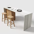 Modern Bar Counter With Marble Top Wooden Frame Two Stools Tray And Cups