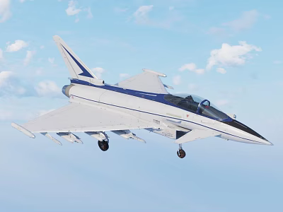 White and Blue Fighter Jet Flying with Landing Gear Down in Blue Sky with Clouds 3d model