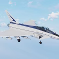 White and Blue Fighter Jet Flying with Landing Gear Down in Blue Sky with Clouds
