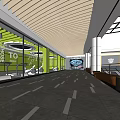 Modern Shopping Mall Lobby Interior With Wooden Ceiling Glass Walls And White Columns