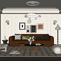Modern Classic Living Room Interior With Brown Leather Sofa Decorative Paintings Chandelier And Patterned Rug