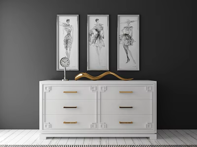 Elegant White Console Side Cabinet with Golden Handles and Three Framed Paintings Above 3d model