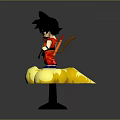 Black Haired Anime Character In Red Outfit Holding Red Staff On Yellow Cloud Creature Base