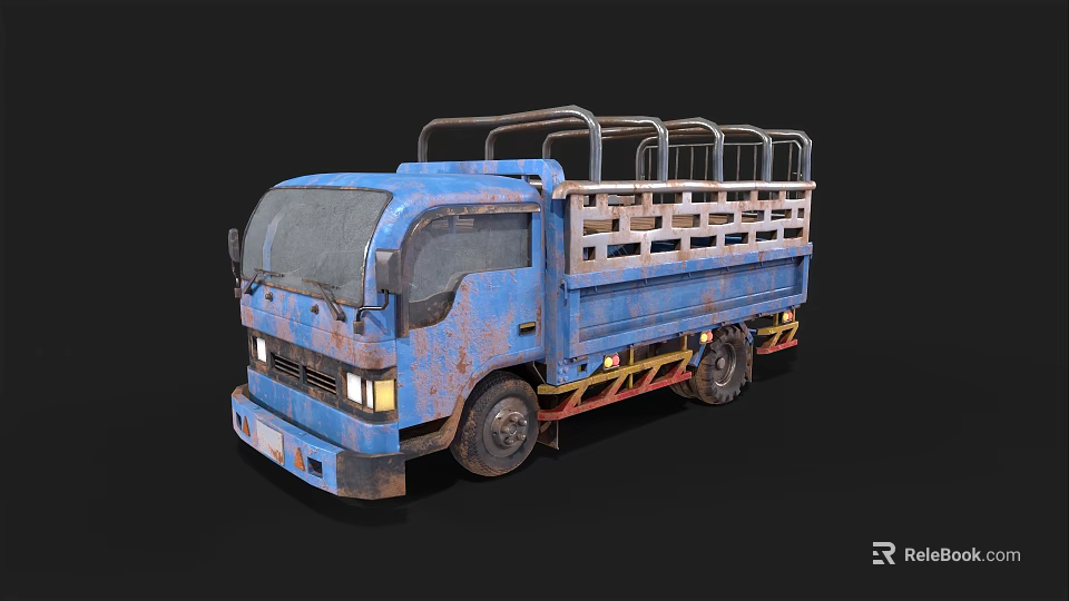Blue Rusty Vintage Truck Featuring Open Cargo Bed And Metal Side Rails 3d model 