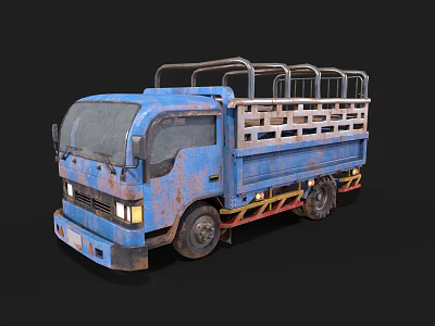 Blue Rusty Vintage Truck Featuring Open Cargo Bed And Metal Side Rails 3d model