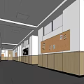 Spacious School Hallway Featuring Wooden Bulletin Boards White Walls And Ceiling Lights