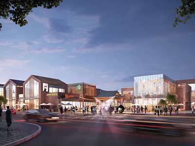 Bustling Commercial Street with Modern Traditional Architecture Shops Pedestrians and Cars at Dusk 3d model