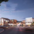 Bustling Commercial Street with Modern Traditional Architecture Shops Pedestrians and Cars at Dusk
