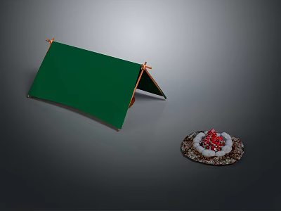 Triangular Green Camping Tent With Wooden Frame And Christmas Decorative Plate 3d model