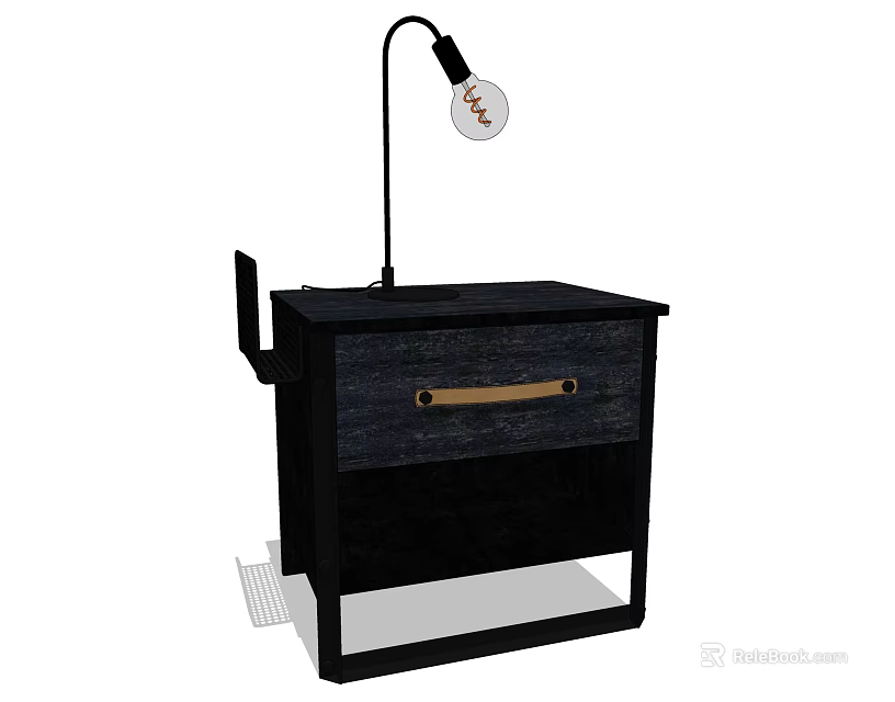 Double Bed With Black Bedside Table Wooden Drawer And Table Lamp 3d model 