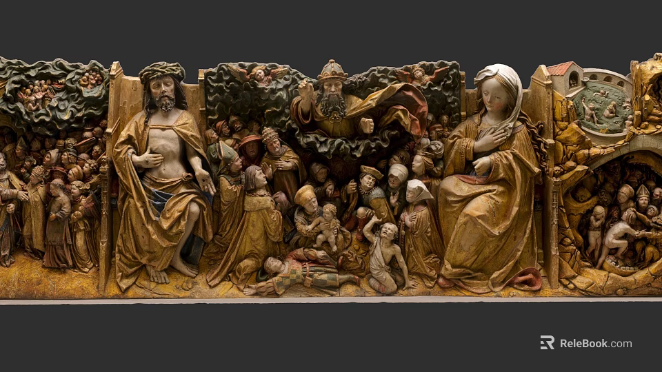 Cultural Art Exhibition Hall Displaying Historical Wooden Carving With Religious Figures 3d model 