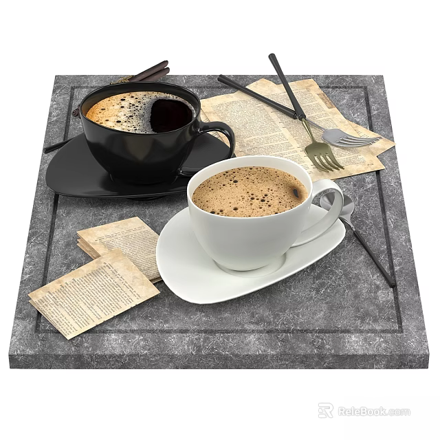 Two Black and White Coffee Cups on Gray Stone Tray with Old Newspapers and Utensils 3d model 