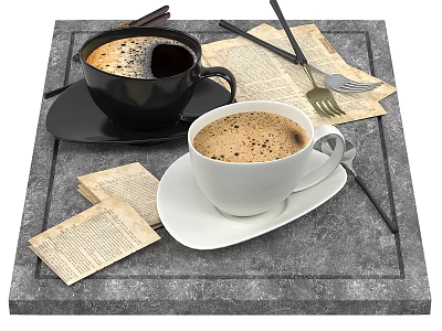 Two Black and White Coffee Cups on Gray Stone Tray with Old Newspapers and Utensils 3d model