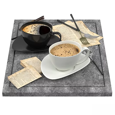 Two Black and White Coffee Cups on Gray Stone Tray with Old Newspapers and Utensils 3d model