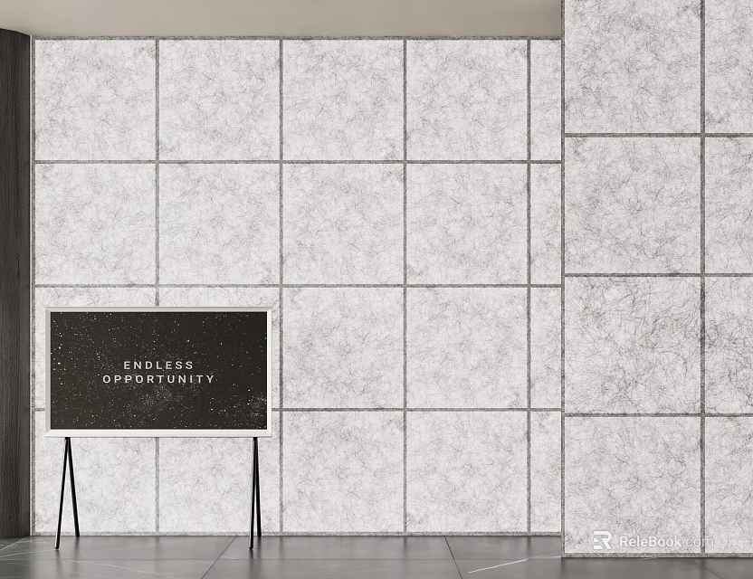 Gray Textured Square Tiled Background Wall With Black Display Board Stand 3d model