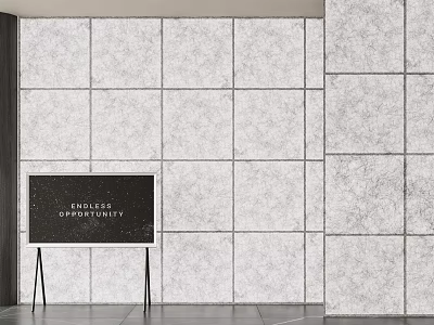 Gray Textured Square Tiled Background Wall With Black Display Board Stand 3d model